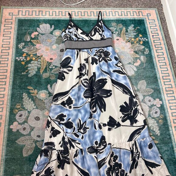 BCBGMAXAZRIA Silk Maxi Dress 6 White Blue Sleeveless Floral Abstract Ruffle Long - Picture 10 of 15